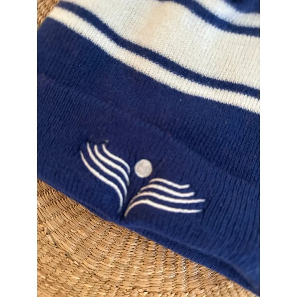 Blue and white striped beanie